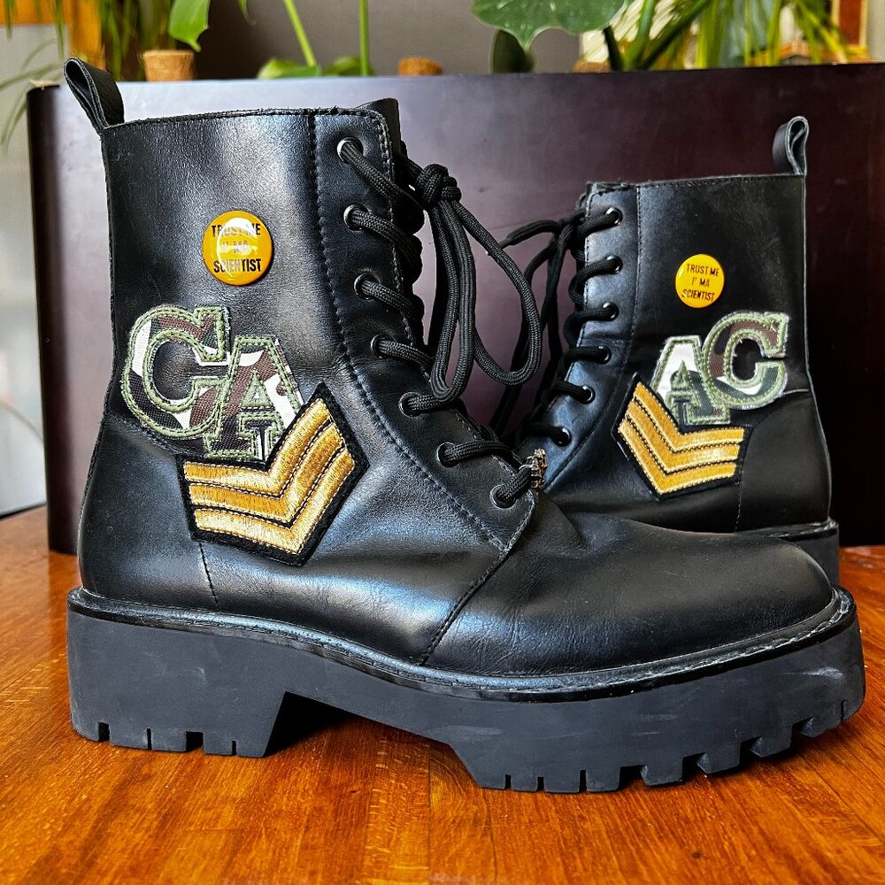 Zara Women Leather Combat Military Boots with Patches